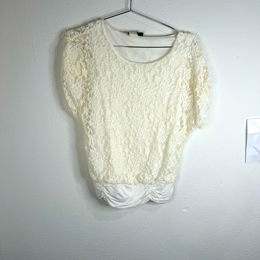 Romantic White Lace Overlay Blouse Satin Ruched Hem Love J Size Med Dressy